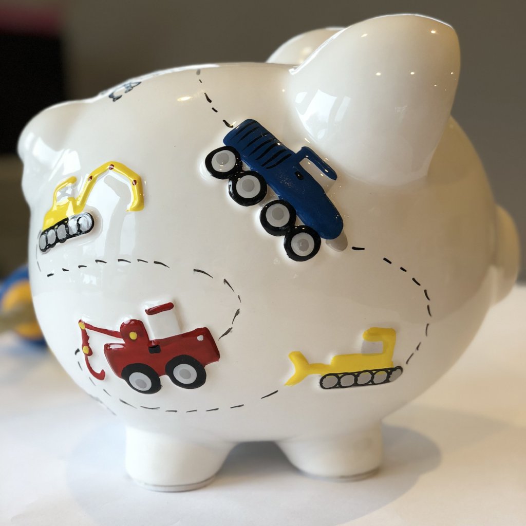 Hand painted || Large Personalized Cars buy & Trucks Transportation Piggy Bank || Gifts for Boys || Custom Coin Bank || 8.5 x 7 x 6.5 inches