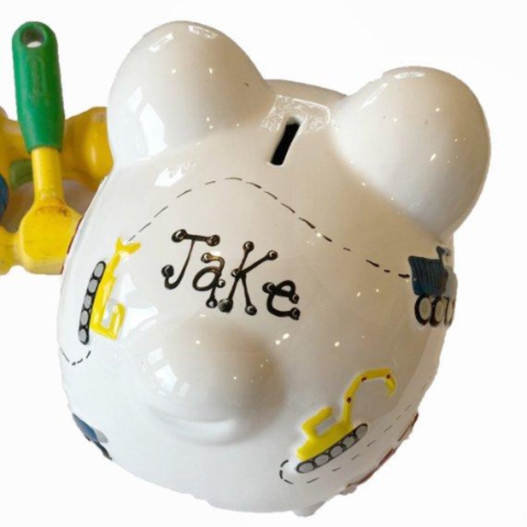 Personalized Hand Painted Construction themed Piggy Bank 