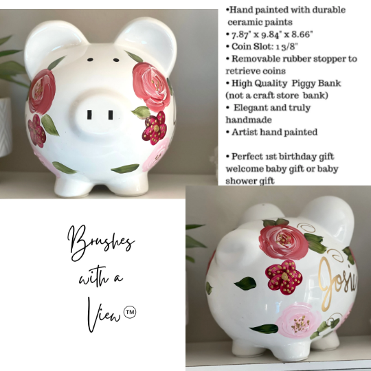 Brushes with a View hand painted personalized piggy bank for for girls 