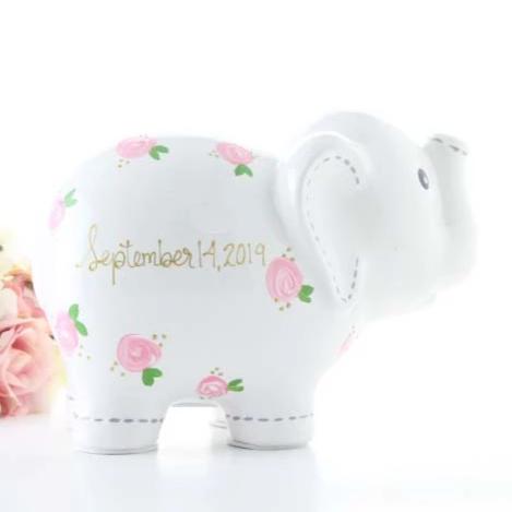 Personalized Elephant Piggy Bank with Pink Flowers 