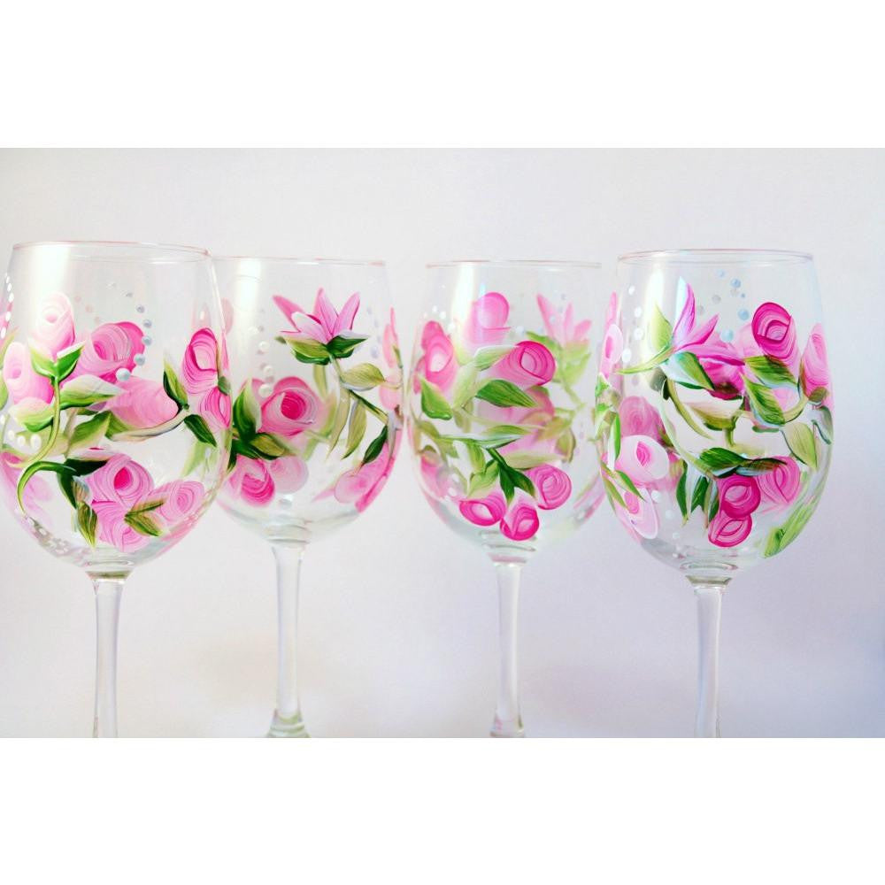 Spring Flower Wine Glasses in your choice of four colors Hand Painted  flower wine glasses