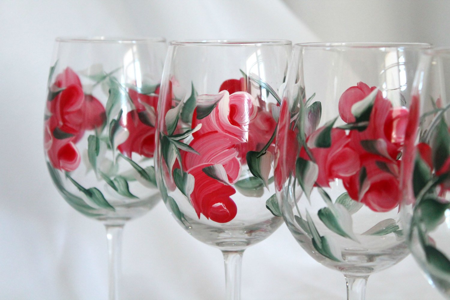 Red and Black Roses Large 25.5 Wine Glasses Set of 2 Hand Painted
