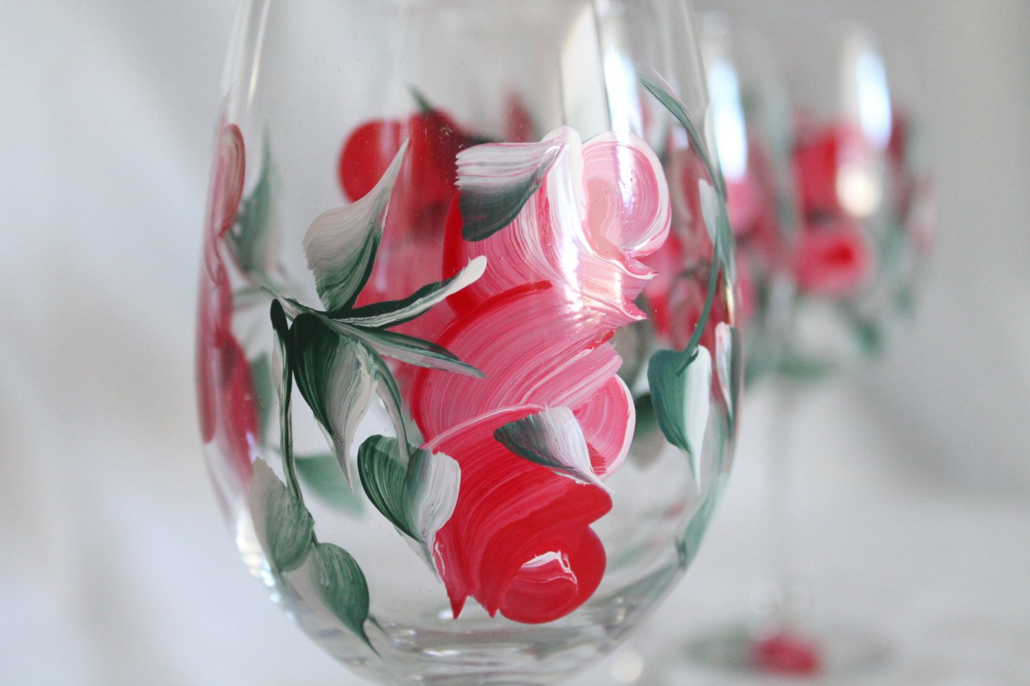 Red Rose Flower Stemmed Wine Glasses Set of 4 