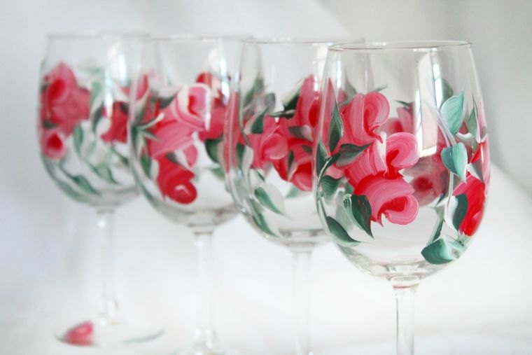 Red Rose Flower Stemmed Wine Glasses Set of 4