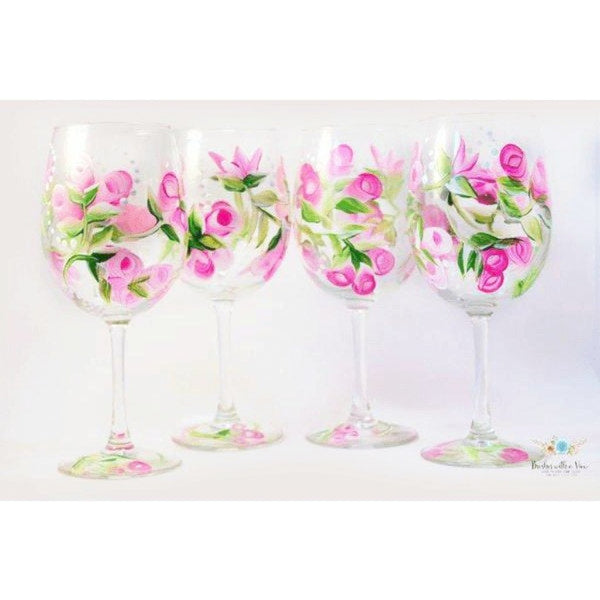 home products pink rose flower wine glass set of 4 hand painted wine ...