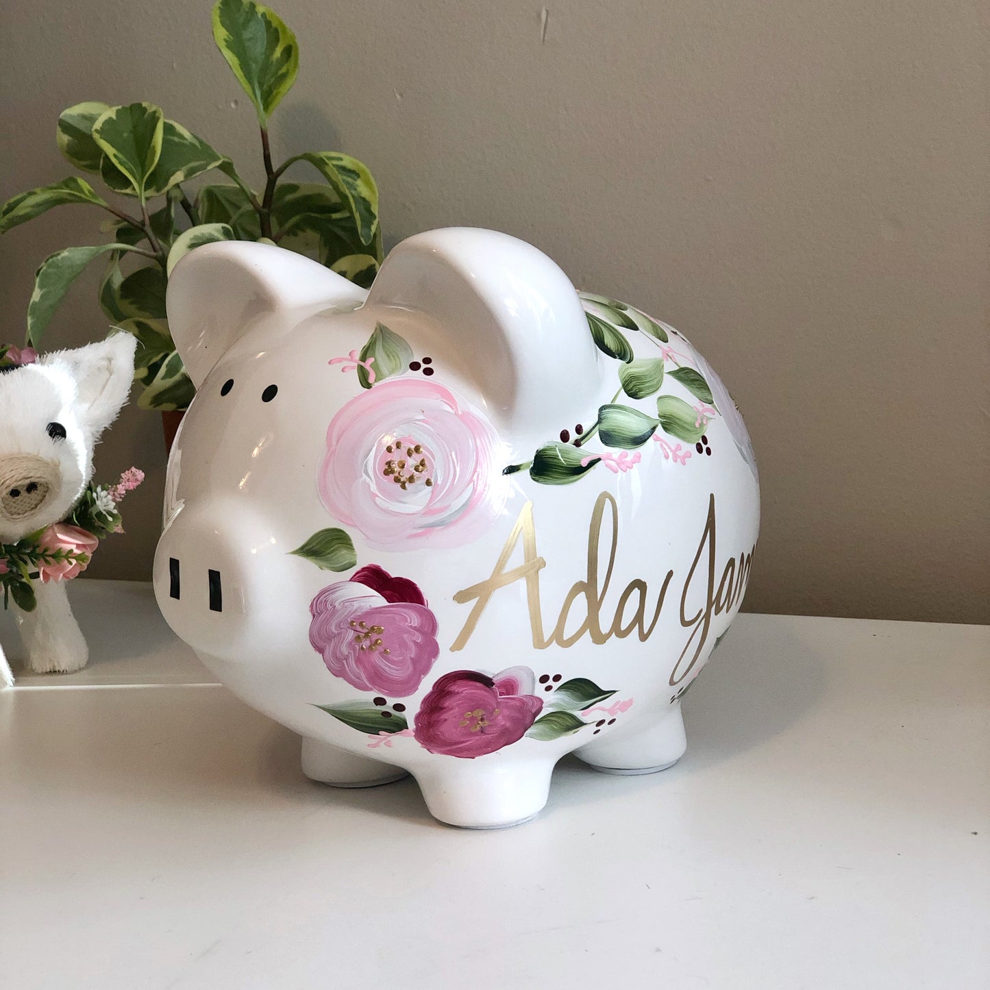 Personalized Bohemian Piggy Bank Pink and Gray  Flowers - Hand Painted Ceramic 