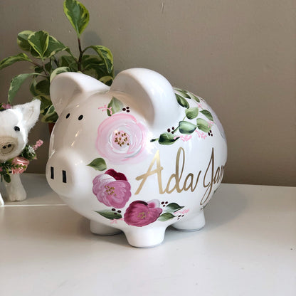 Personalized Bohemian Piggy Bank Pink and Gray  Flowers - Hand Painted Ceramic 