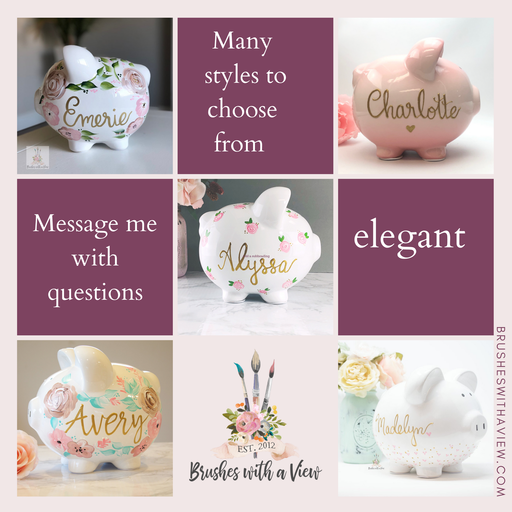 Personalized Bohemian Piggy Bank Pink and Gray  Flowers - Hand Painted Ceramic 