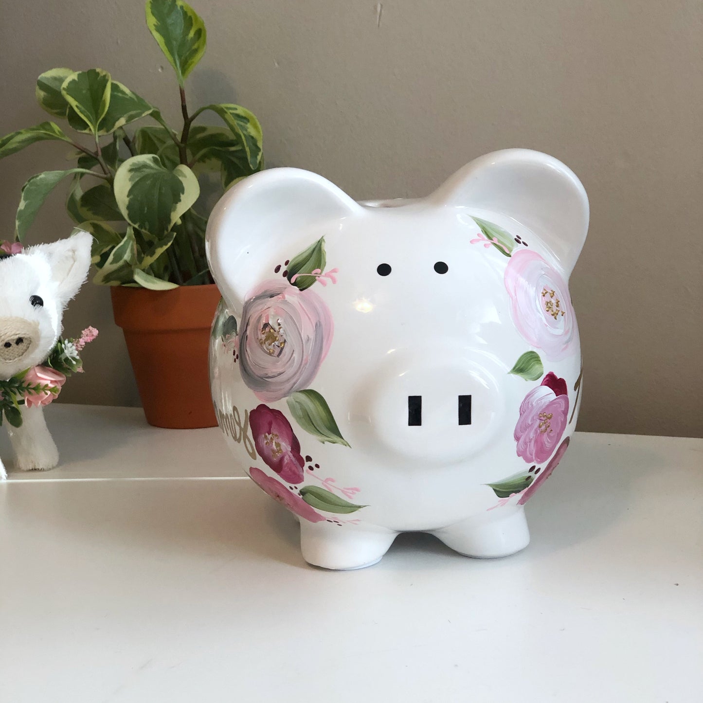 Personalized Bohemian Piggy Bank Pink and Gray  Flowers - Hand Painted Ceramic 