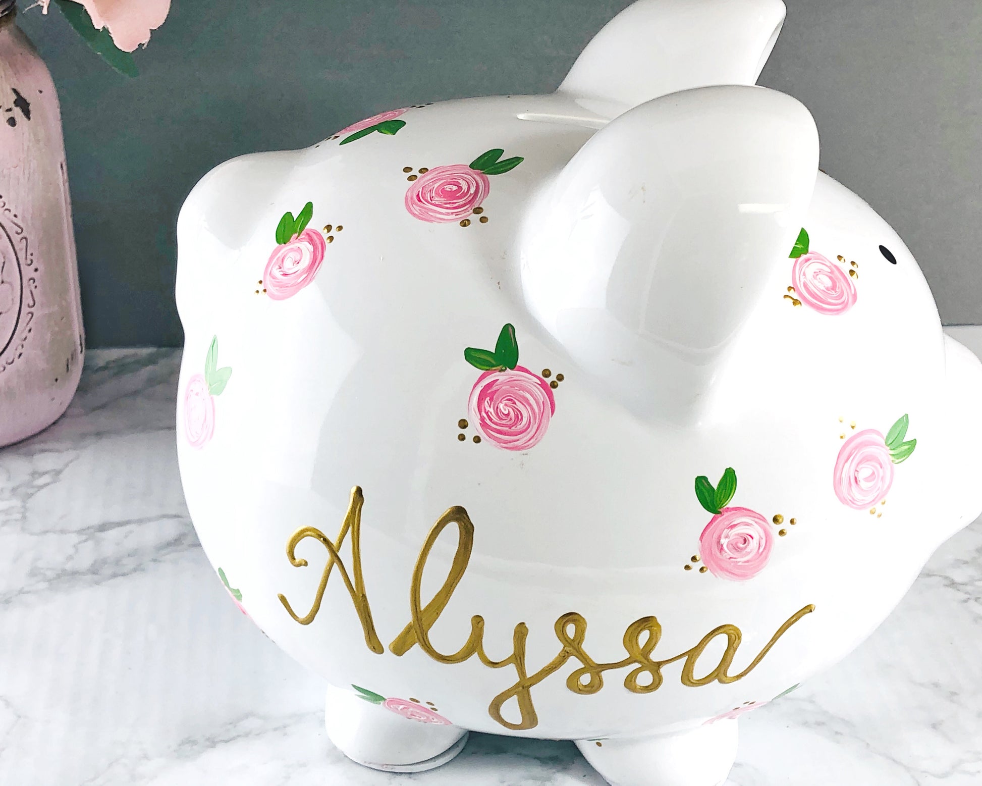 Large Personalized Piggy Bank For Girls - Pink Flowers 