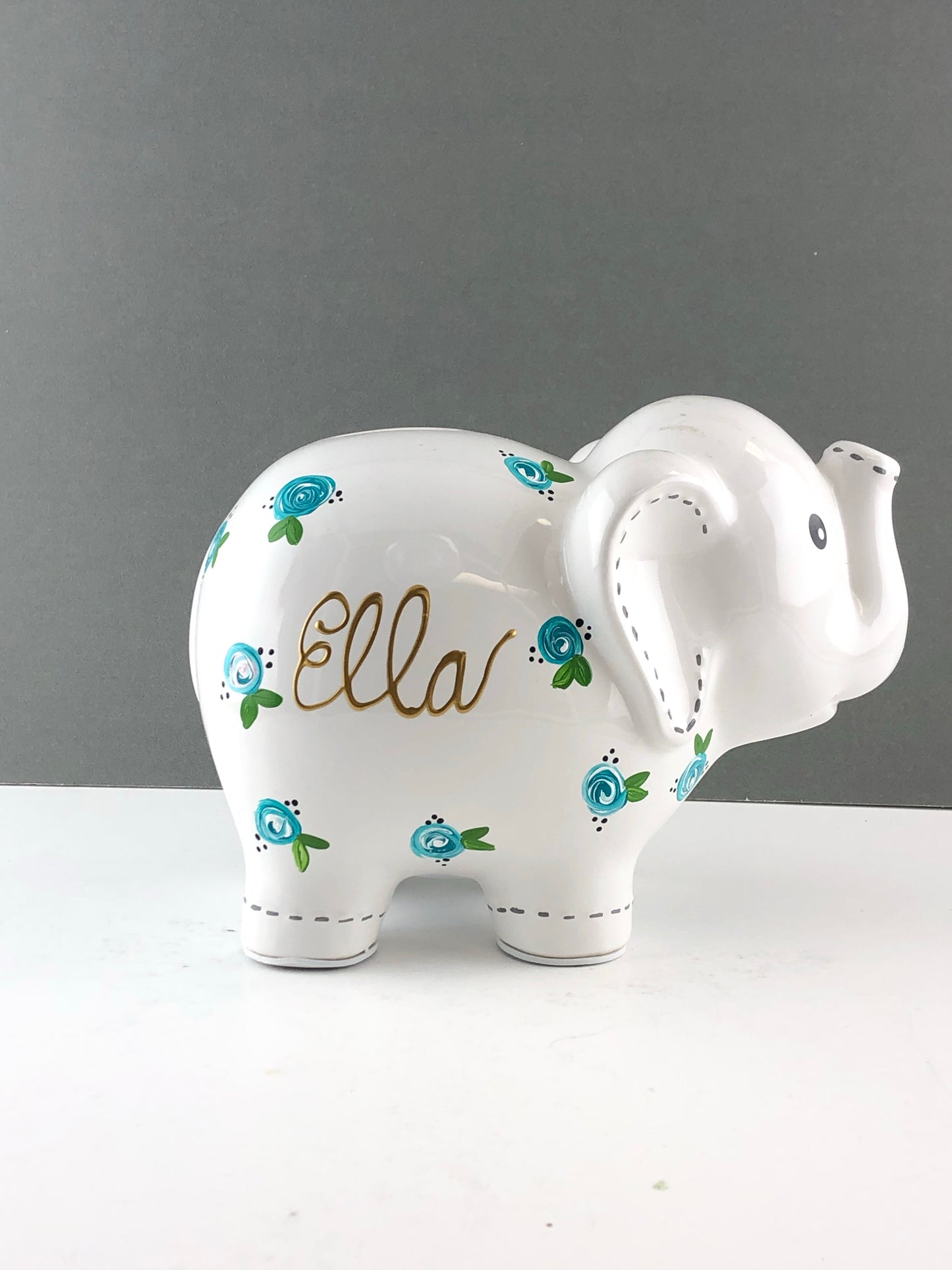 Personalized Elephant Piggy Bank with Teal Blue Flowers 