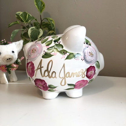 Personalized Bohemian Piggy Bank Pink and Gray  Flowers - Hand Painted Ceramic 