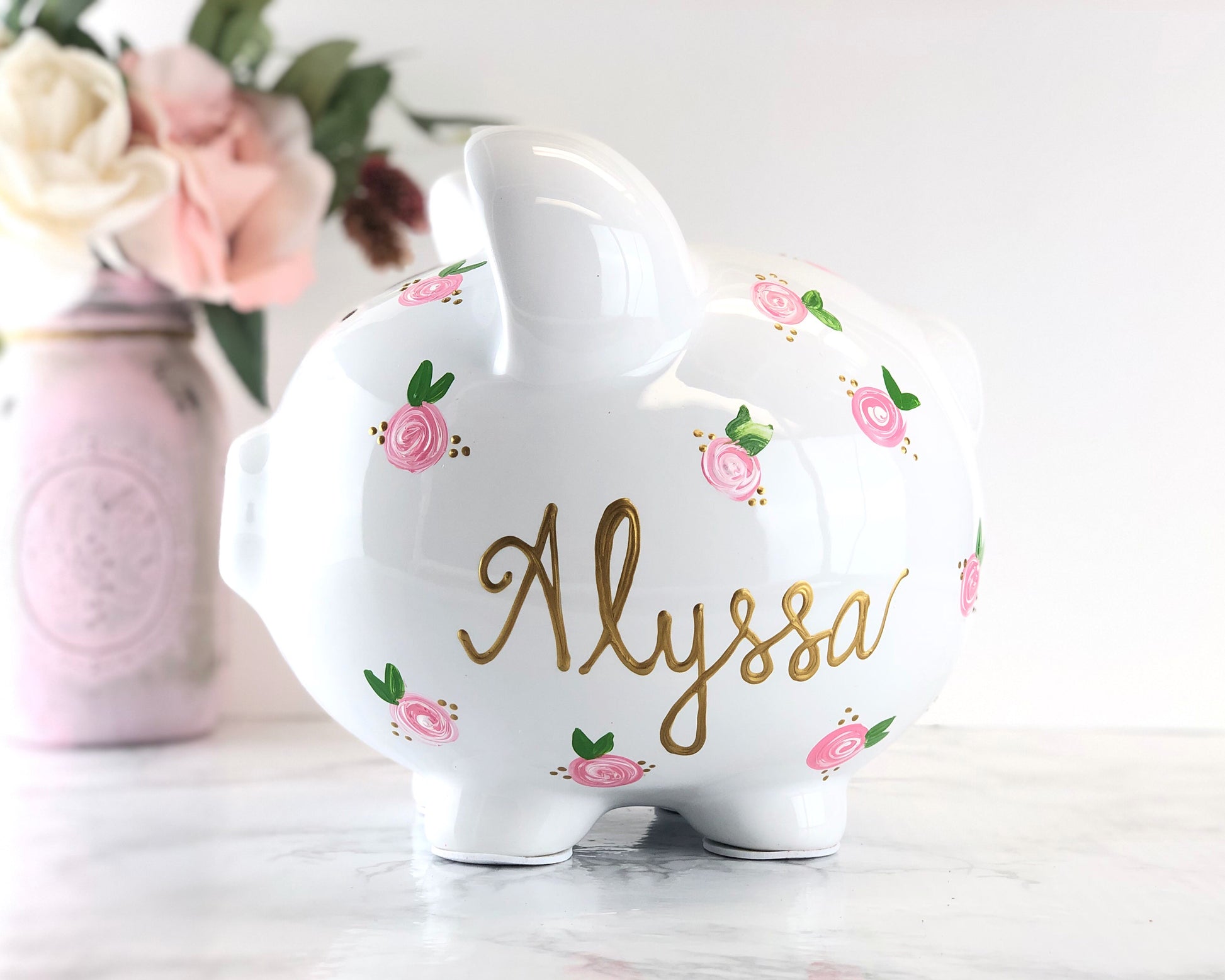 Large Personalized Piggy Bank For Girls - Pink Flowers 