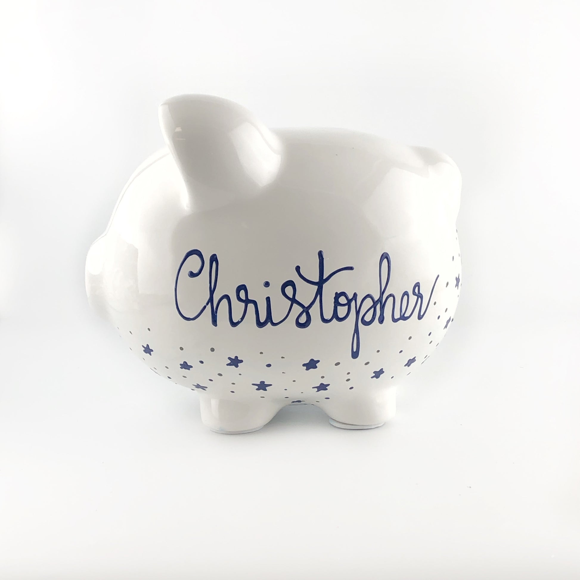 Personalized Hand Painted Piggy Bank with Navy Stars - Brushes with a View 