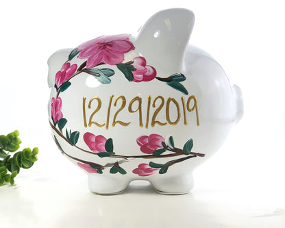 Personalized Pink Flower Piggy Bank, Large Ceramic 