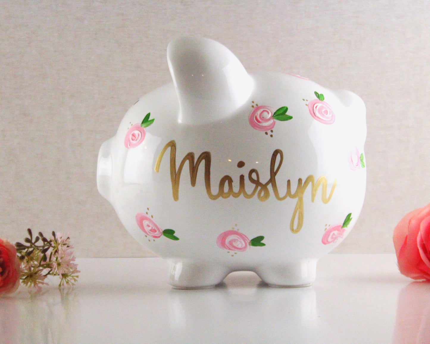 Hand painted piggy bank for girls personalized 