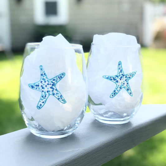 Star Fish Stemless wine glass, set of 2 Beach Decor Hand Painted 21oz 