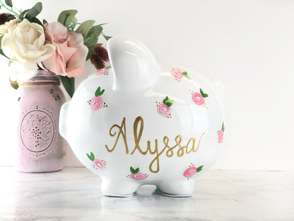 Large Personalized Piggy Bank For Girls - Pink Flowers 