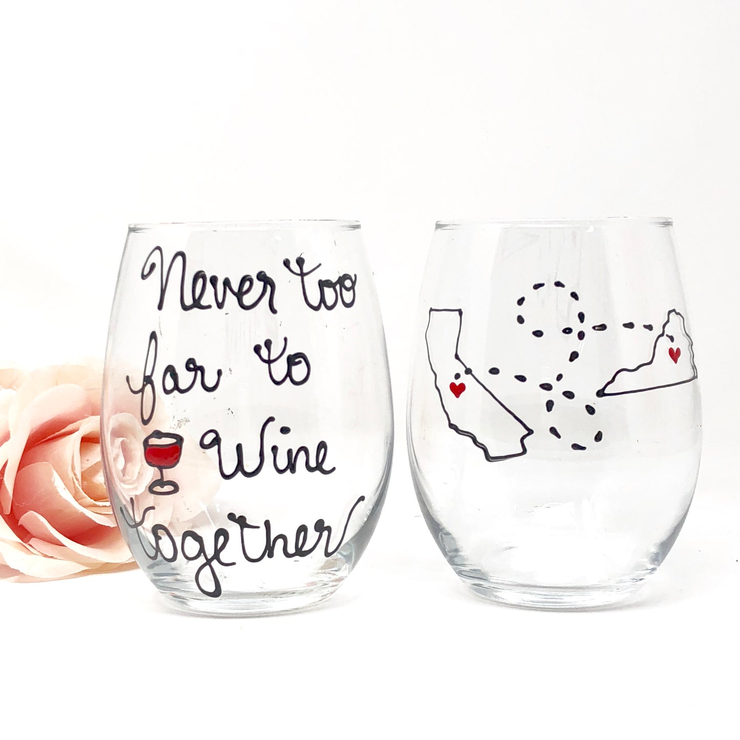 Never too Far to Wine Together, Hand Painted Wine Glass 