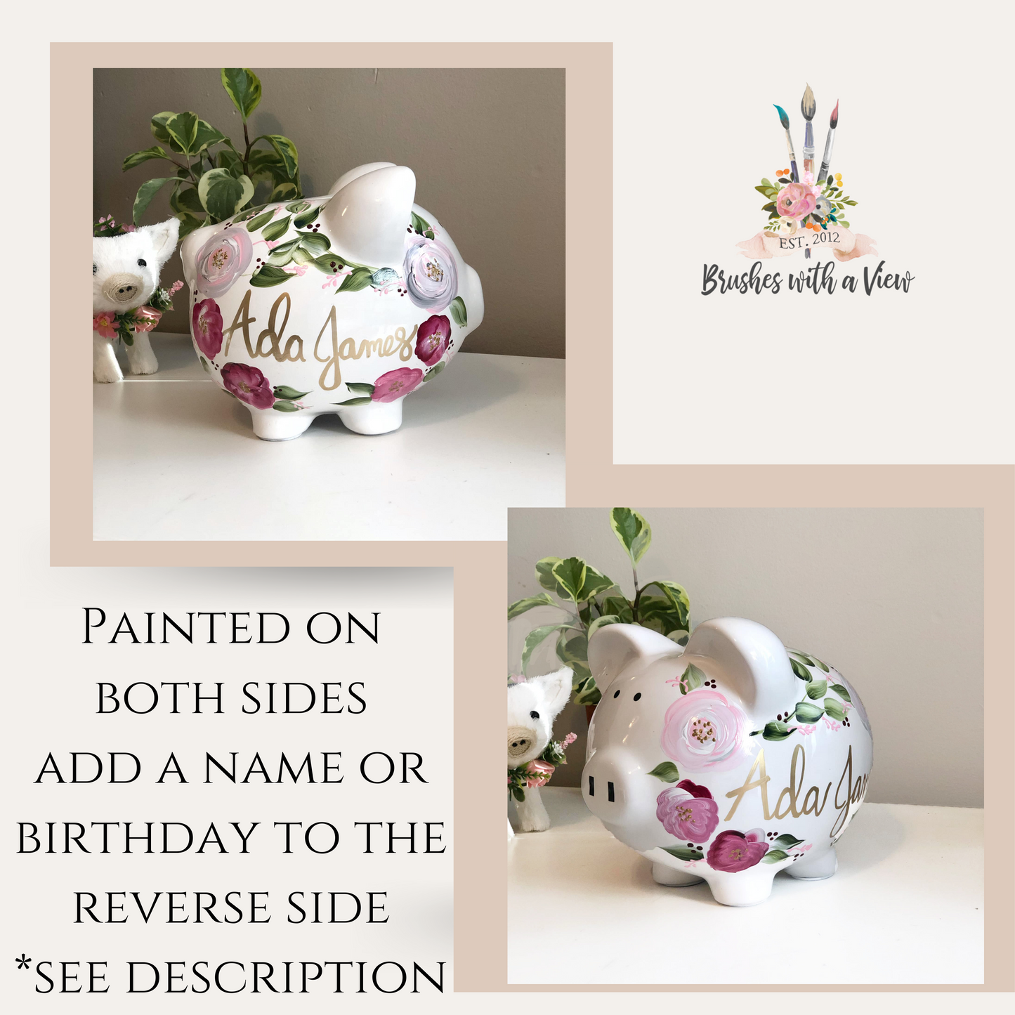 Personalized Bohemian Piggy Bank Pink and Gray  Flowers - Hand Painted Ceramic 