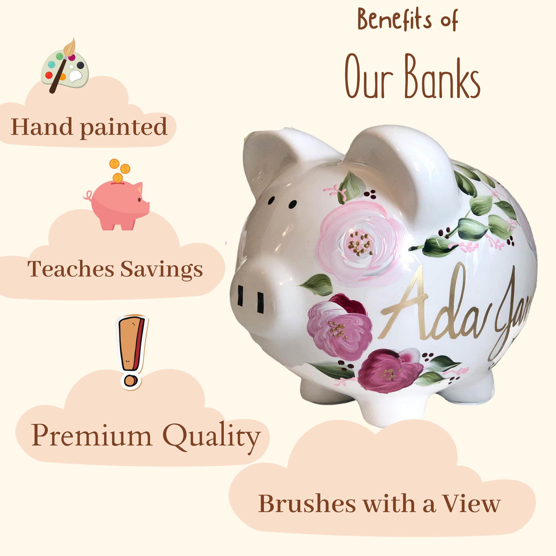 Personalized Bohemian Piggy Bank Pink and Gray  Flowers - Hand Painted Ceramic 