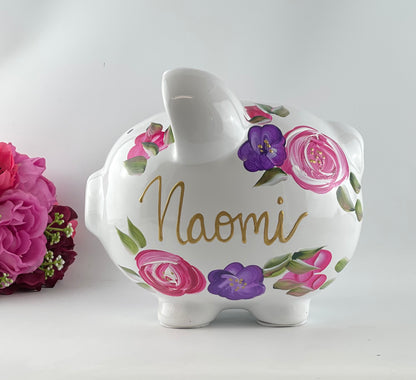 Personalized  Piggy Bank, Floral Baby Girl - Brushes with a View 