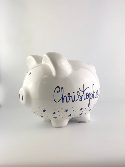 Personalized Hand Painted Piggy Bank with Navy Stars - Brushes with a View 