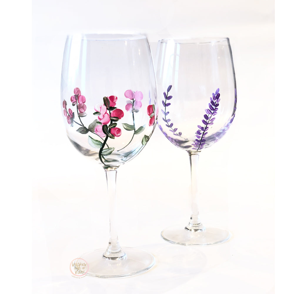 Mixed Flower Wine Glasses, Set of 4, Stemmed Wine Glasses 