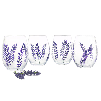 Lavender flower Stemless Wine Glasses -  Set of 4 - Hand Painted 