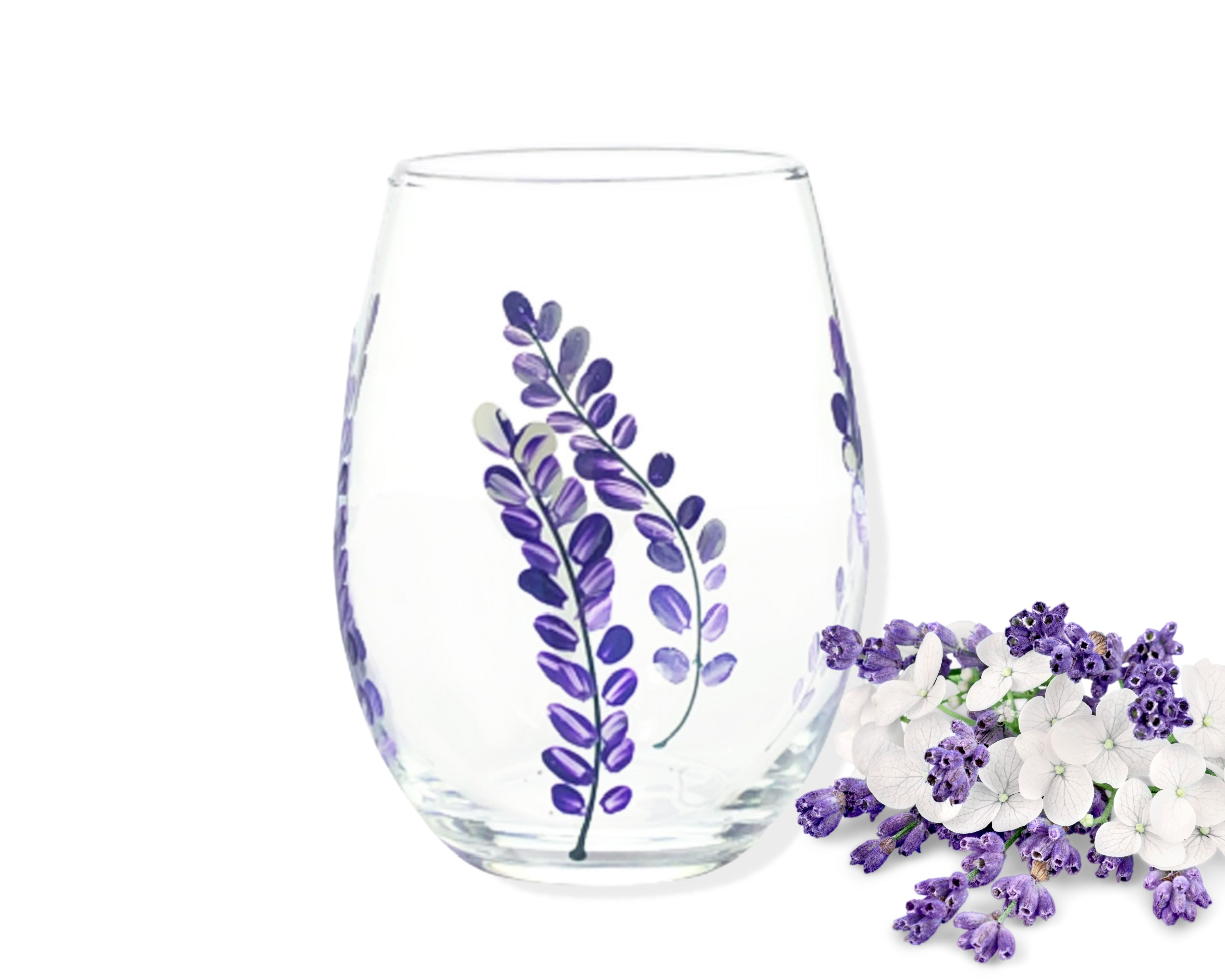 Hand Painted Lavender Stemmed Wine Glasses Set of 2 Purple Lavender Flower  and Pink Rose buds
