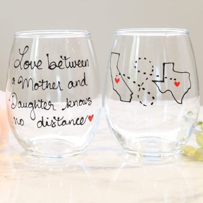 Mother Daughter Long Distance Quotes - Painted Wine Glass 