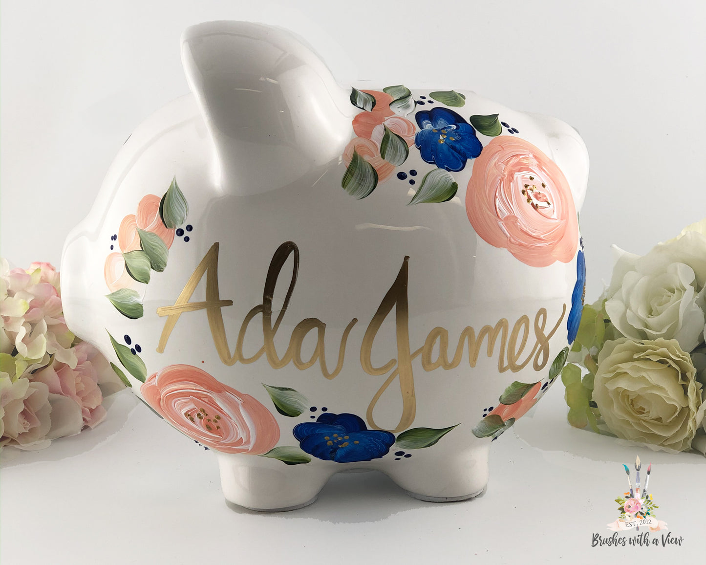 Personalized Piggy Bank for Baby Girl |  Peach and Navy Flowers 