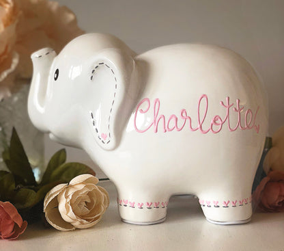 Personalized White Elephant Piggy Bank personalized with name 