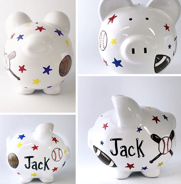 Sports Piggy Bank Featuring Basketball- Football and Baseball  Large Personalized 