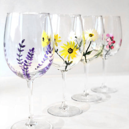 Mixed Flower Wine Glasses, Set of 4, Stemmed Wine Glasses 