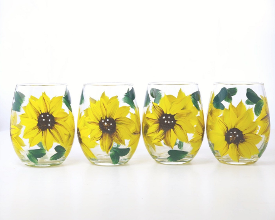 Hand Painted Yellow Sunflower Glasses Set of 2 12 Ounce Stemmed